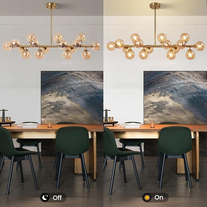 Modern Gold Chandelier Rectangle Pendant Light Ammber Globe Glass Sputnik Chandeliers Hanging Light Fixture 16-Light