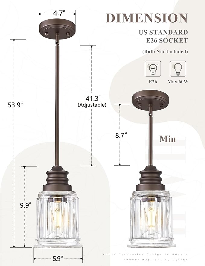 Farmhouse Pendant Light for Kitchen Island, HWH Oil-Rubbed Bronze Finish Pendant Light, Single 1-Light Hanging Light Fixture, Bell-Shaped Fluted Clear Glass, 5HZG106MIL-L ORB