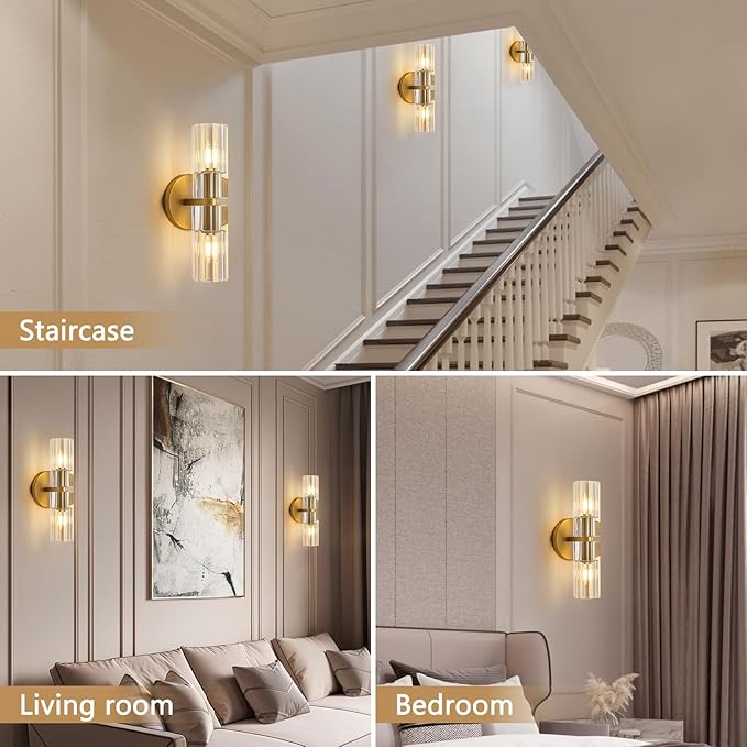 Crystal Wall Sconces Set of Two, 13" Modern Brass Sconces Lighting with K9 Crystal Lampshade,Indoor Wall Sconce Bedroom Wall Light Fixtures for Living Room Bathroom Hallway Stairs Entryway