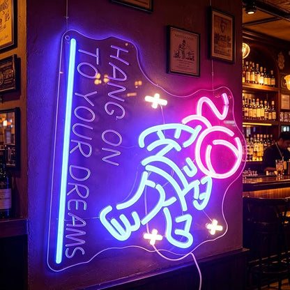 "Hang on to Your Dreams" Tired Astronaut Neon Light - Motivational Space Themed LED Wall Art, Dimmable USB Night Light with Hanging Kit, Inspiring Study Bedroom Decor Gift for Students & Dreamers
