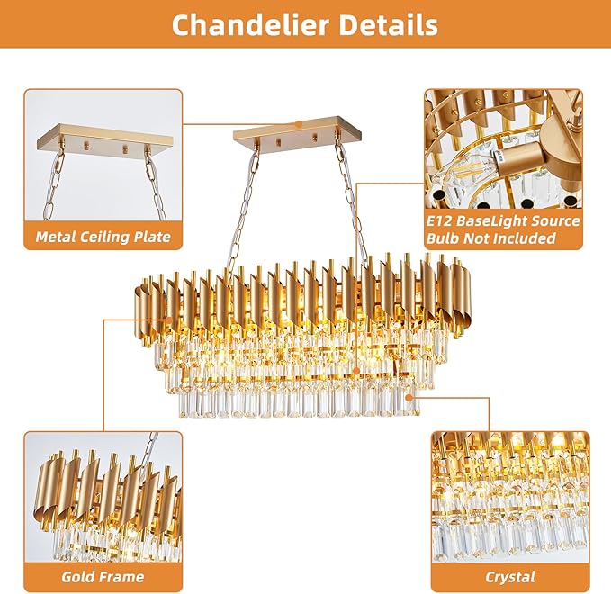 Modern Rectangular Chandelier Gold Crystal Chandeliers for Dining Room, 10-Light Pendant Light Fixture Oval Contemporary Ceiling Hanging Light for Kitchen