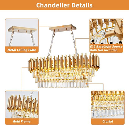 Modern Rectangular Chandelier Gold Crystal Chandeliers for Dining Room, 10-Light Pendant Light Fixture Oval Contemporary Ceiling Hanging Light for Kitchen
