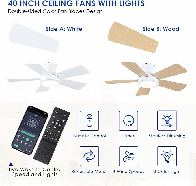 Hounberi 40" RGB Ceiling Fan with Light and Remote, White Low Profile Flush Mount Smart Fan with App Control, Quiet Reversible DC Motor, Modern Dimmable 5-Blade for Bedroom Living Room