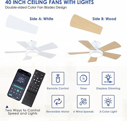Hounberi 40" RGB Ceiling Fan with Light and Remote, White Low Profile Flush Mount Smart Fan with App Control, Quiet Reversible DC Motor, Modern Dimmable 5-Blade for Bedroom Living Room
