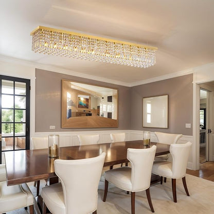 Siljoy 13-Light Modern Crystal Chandelier, Large Rectangular Gold K9 Crystal Raindrop Chandelier, Dimmable Flush Mount Crystal Ceiling Light for Dining Room Living Room Kitchen Island L59''