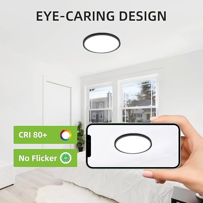 hykolity 12 Inch Selectable CCT LED Round Flat Panel Light, 24W 3000K/4000K/5000K, Edge-Lit Flush Mount Ceiling Light Fixture for Kitchen, Bedroom, Laundry and Closet Room, Black