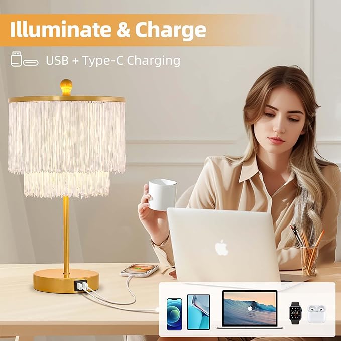 Bedside Lamps Set of 2, 3-Way Dimmable Touch Lamp with USB Charging Port, Boho Lamp with Tassel Lampshade for Bedroom, Living Room, Teens Room, Nightstand, LED Bulb Included