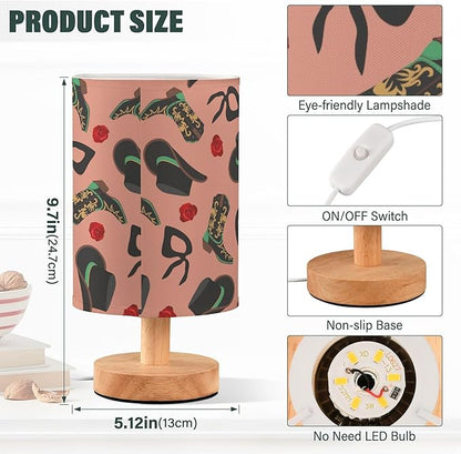 Table Lamp Retro Cowgirl Pattern Cowboy Hat Boot Bandanas Rose Nightstand Lamp with Wood Base Fabric Lamp Shade Bedside Desk Lamp for Living Room Bedroom Kids Room Office