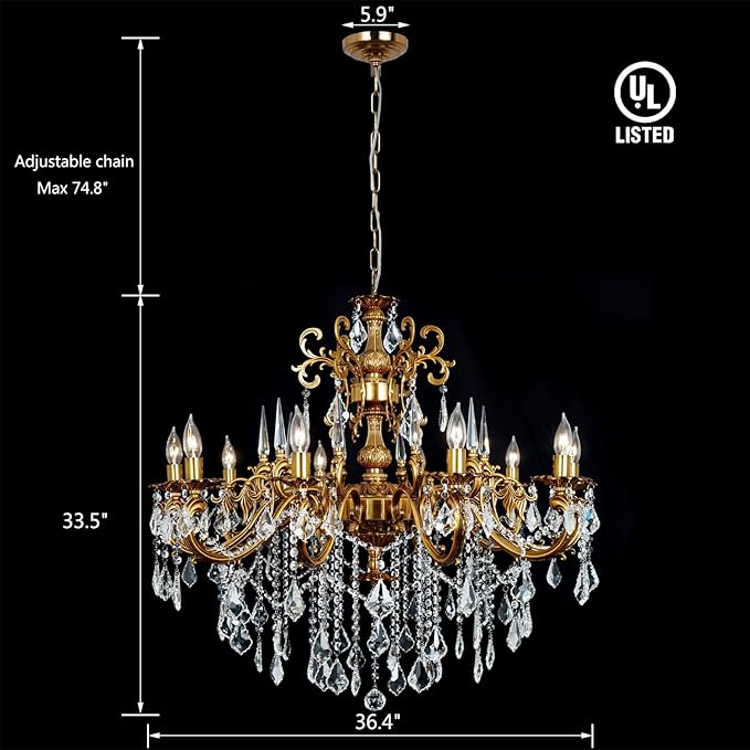 Antique Gold Crystal Chandelier Large, 36.4" Vintage Bronze Chandeliers Lighting for High Ceiling Foyer Entry Way 10-Light Candle Hanging Light Fixture Living Room Hall