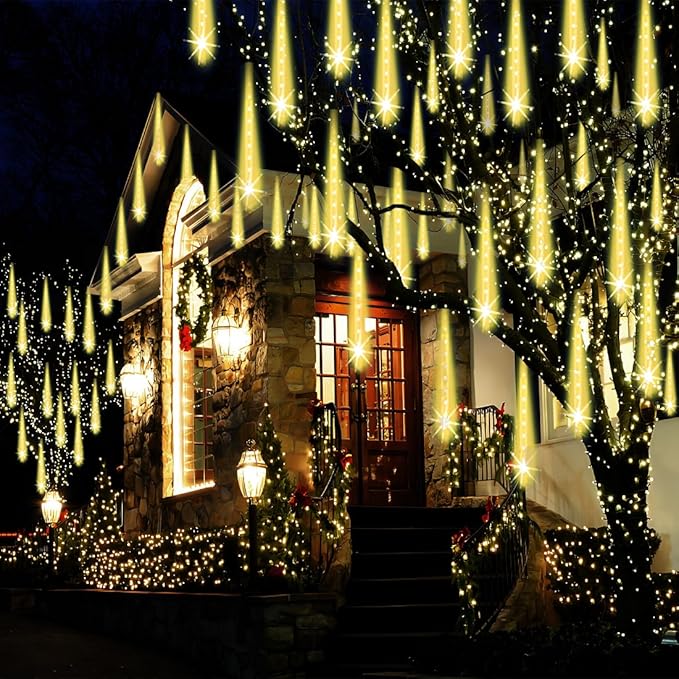Adecorty Christmas Lights Outdoor, UL Certified Falling Rain Drop Light 8 Tubes 192 LED Meteor Shower Snow Dripping Icicle Lights for Xmas Tree Christmas Decorations Holiday Party, Warm White