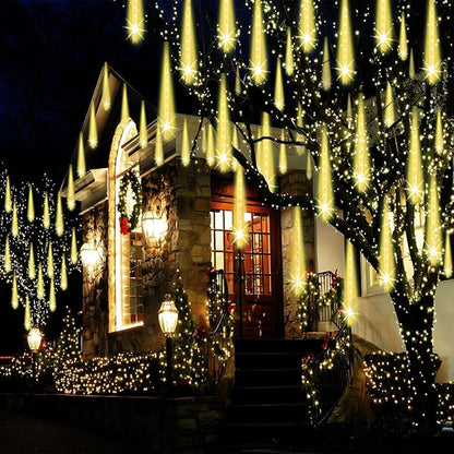 Adecorty Christmas Lights Outdoor, UL Certified Falling Rain Drop Light 8 Tubes 192 LED Meteor Shower Snow Dripping Icicle Lights for Xmas Tree Christmas Decorations Holiday Party, Warm White