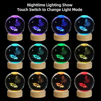 3D Butterfly Crystal Ball Night Light, Upgraded 3.15 Inch Glass Ball Lamp with 16 Color LED Wooden Base, Butterfly Lamp Bedroom Decor Birthday Christmas Butterfly Gifts for Kids Friends