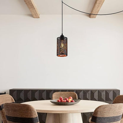 Industrial Black Plug in Pendant Light Vintage Mini Black Gold Hanging Lighting Rustic Hollow-Carved Cylinder Plug-in Pendant Light for Kitchen Island, Bedroom, Dining Room, Hallway