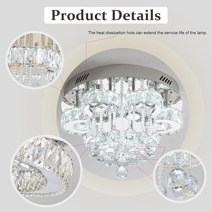 Flashing God Dia 16in Modern LED Crystal Chandelier,Flush Mount Ceiling Light Fixture with K9 Crystals,Small Chandelier for Bedroom Dining Hallway Lighting