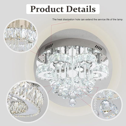 Flashing God Dia 16in Modern LED Crystal Chandelier,Flush Mount Ceiling Light Fixture with K9 Crystals,Small Chandelier for Bedroom Dining Hallway Lighting