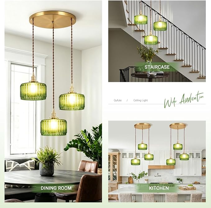 3-Light Modern Chandelier Pendant Light - Mid Century Sputnik Glass Globe With Green Striped Shade, Gold Adjustable Ceiling Lamp for Dining Room