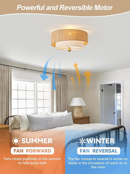 Flush Mount Ceiling Fan with Lights, 20" Caged Boho Ceiling Fan with Light Remote Control, Low Profile Bladeless with 6 Speeds, Drum Rattan Fabric for Bedroom, Nursery, Dining Room, Living Room