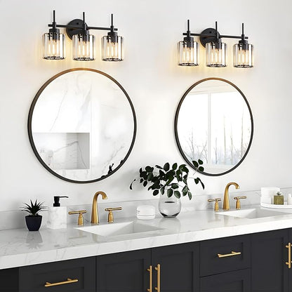 EJIAXIN 3 Light Black Crystal Vanity Light, Modern Bathroom Vanity Light Over Mirror, Up and Down Mount Wall Sconce Lighting for Bathroom Bedroom Living Room Hallway