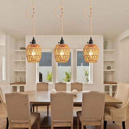 3 Light Plug in Pendant Light Rattan Hanging Lights with Switch 22FT Industrial Ceiling Light,Plug in Cord with Woven Hemp Rope Lamp Shade, Hanging Lamp Cord Farmhouse Cable DIY