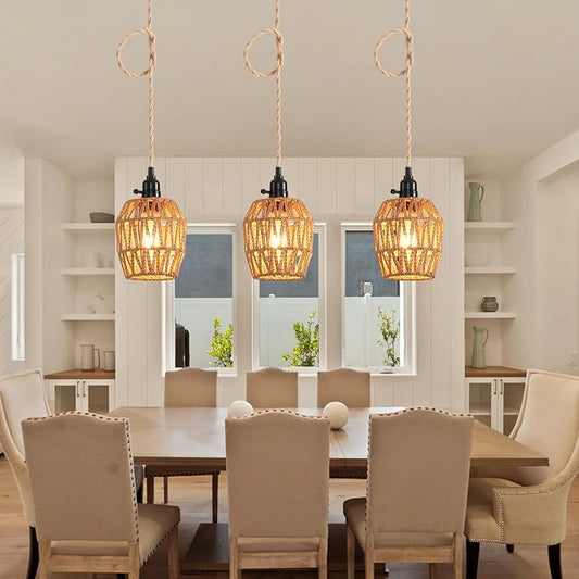 3 Light Plug in Pendant Light Rattan Hanging Lights with Switch 22FT Industrial Ceiling Light,Plug in Cord with Woven Hemp Rope Lamp Shade, Hanging Lamp Cord Farmhouse Cable DIY