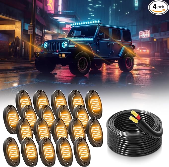 Rock Lights Ultra Bright LED Neon Underglow Lights Waterproof for Trucks Pickup SUV UTV ATV RZR Car Boats Motorcycle (Yellow, 20 Pods+ 33ft Wire Harness)