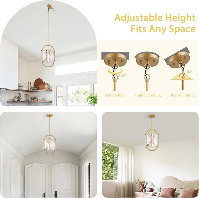 1-Light Modern Small Crystal Chandelier, Mini Gold Pendant Lighting 9.4" Crystal Lamp for Closet Bedroom Foyer Living Room Dining Room Bar