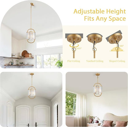 1-Light Modern Small Crystal Chandelier, Mini Gold Pendant Lighting 9.4" Crystal Lamp for Closet Bedroom Foyer Living Room Dining Room Bar