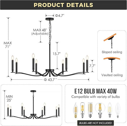 Black Chandelier, Modern Dining Room Light Fixture 8 Light Candle Chandelier Over Table 44in Metal Chandeliers Lighting for Living Room Entry Master Bedroom Bathtub Kitchen