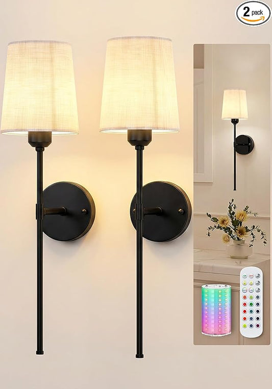 Rechargeable Wall Lights Set of 2, 7500mAh, RGB, Battery Operated Wall Sconces with Remote, Dimmable, Magnetic Bulbs, No-Wiring Installation, Wireless Wall Lamps for Bedroom, Living Room, Hallway