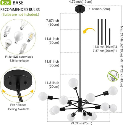 Sputnik Chandelier, Black Modern Chandeliers, Mid Century Ceiling Lighting Fixture for Living Room, Kitchen, Bedroom, Dining Room, Farmhouse (12-Light)