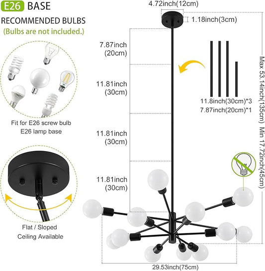Sputnik Chandelier, Black Modern Chandeliers, Mid Century Ceiling Lighting Fixture for Living Room, Kitchen, Bedroom, Dining Room, Farmhouse (12-Light)
