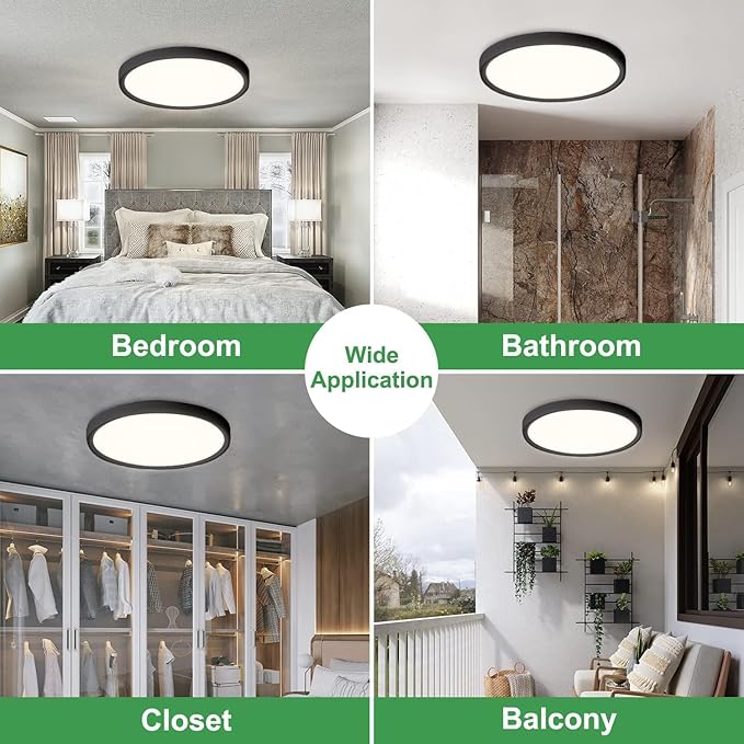 15.8 Inch Black LED Flush Mount Ceiling Light, 32W, 3480LM, 3000K/4000K/6000K CCT Selectable, Round Flat Panel Light Fits Hallways, Kitchens, Bedrooms, Laundry Rooms