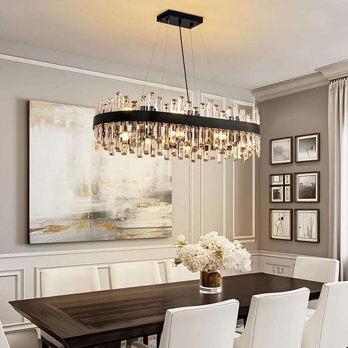 Siljoy Modern Crystal Chandelier, 16-Light Black Rectangular 2-Tiers K9 Crystal Raindrop Chandelier, Farmhouse Crystal Ceiling Light Fixture for Living Dining Room Kitchen Island L35.4 Inch