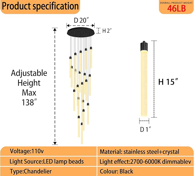 138'' Long Crystal Column Chandelier Extra Large Black Staircase High Ceiling Chandelier 20-Lights Dimmable Led Pendant Lighting Foyer Entryway Light Source is Replaceable