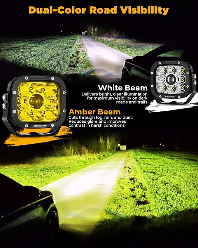 Auxbeam XP-Ultra Series 5" 110W Offroad Spotlights Hyper Spot Beam LED Pods Light Bar Amber White Dual Color Covers Driving Yellow Fog Ditch Lights, Pair
