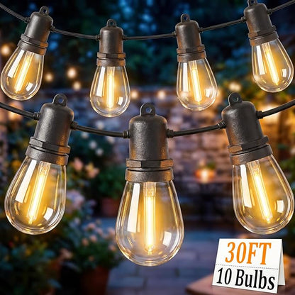 S14 Patio String Lights, 30FT Outdoor Patio String Light with 11 Clear LED Bulbs (1 Spare), UL Certified Waterproof Hanging Lights for Outdoor & Indoor - Commercial Grade Black Wire