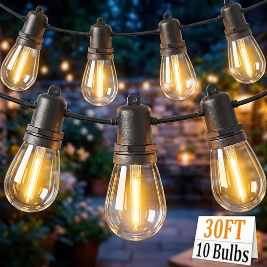 S14 Patio String Lights, 30FT Outdoor Patio String Light with 11 Clear LED Bulbs (1 Spare), UL Certified Waterproof Hanging Lights for Outdoor & Indoor - Commercial Grade Black Wire