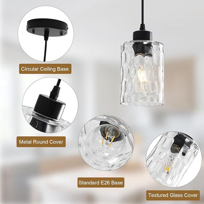 2 Pack Black Pendant Lights Kitchen Island, Adjustable Modern Glass Pendant Light Fixtures Hanging Light Fixture with Hammerde Glass Shade for Bedroom Dining Room Living Room Entryway