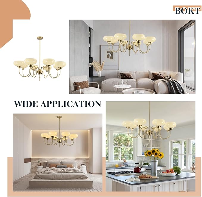 BOKT Large 8-Light Chandelier Modern Sputnik Chandeliers Flush Mount Ceiling Lights Cream Adjustable Height Pendant Lighting Vintage Gold Chandeliers with Light Yellow Glass Classic Ceiling Light