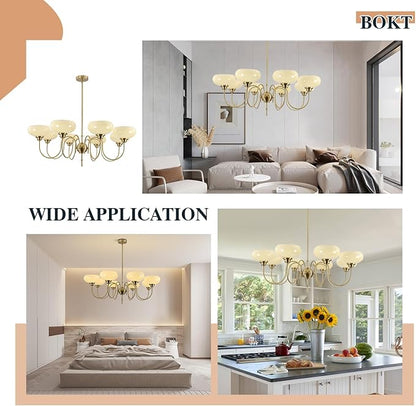BOKT Large 8-Light Chandelier Modern Sputnik Chandeliers Flush Mount Ceiling Lights Cream Adjustable Height Pendant Lighting Vintage Gold Chandeliers with Light Yellow Glass Classic Ceiling Light