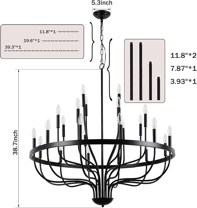 Modern Farmhouse Chandelier for Dining Room 24 Lights, Black Chandelier Light Fixture,Adjustable Height Hanging Candle Pendant Lighting for Kitchen Island (Black 24-Lights)