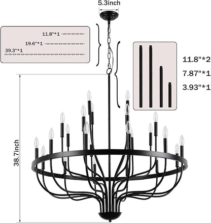 Modern Farmhouse Chandelier for Dining Room 24 Lights, Black Chandelier Light Fixture,Adjustable Height Hanging Candle Pendant Lighting for Kitchen Island (Black 24-Lights)