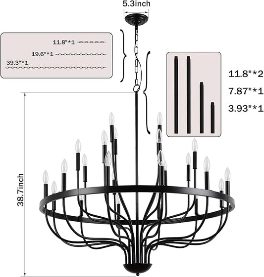 Modern Farmhouse Chandelier for Dining Room 24 Lights, Black Chandelier Light Fixture,Adjustable Height Hanging Candle Pendant Lighting for Kitchen Island (Black 24-Lights)