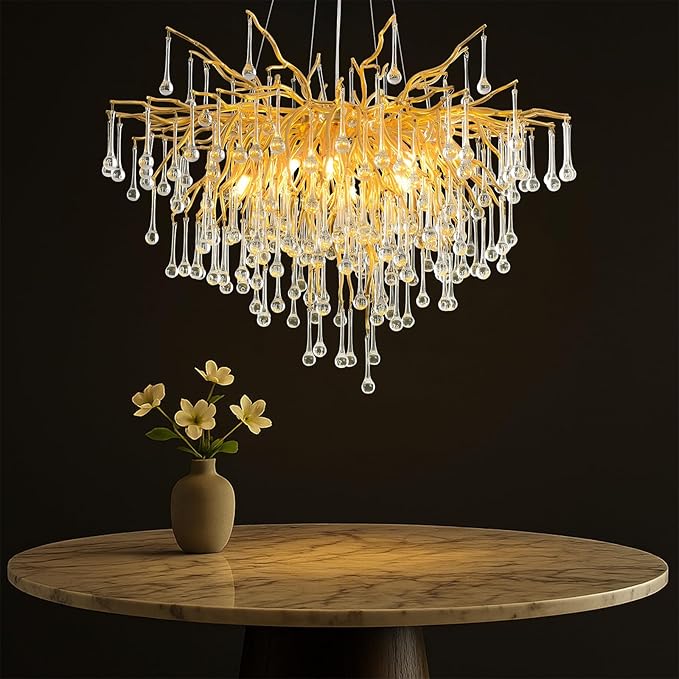 31.5 Inch Modern Crystal Chandeliers,10-Light Gold Tree Branch Chandelier Hanging Light Fixtures,Raindrop Chandeliers for Dining Room,Living Room