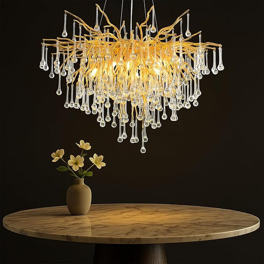 31.5 Inch Modern Crystal Chandeliers,10-Light Gold Tree Branch Chandelier Hanging Light Fixtures,Raindrop Chandeliers for Dining Room,Living Room