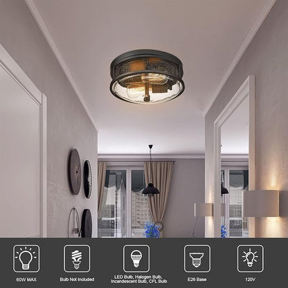 Flush Mount Ceiling Light Fixture, 12 Inch 2-Light Modern Farmhouse Semi Ceiling Light with Seeded Glass for Bedroom, Entryway, Kitchen, Hallway, ROS88 BK