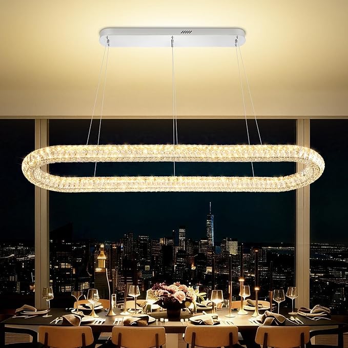 Large Led Ring Chandelier for Living Room 55in Oval Crystal Ring Pendant Light for Kitchen Island Modern Linear Oval Chandeliers Over Table Dimmable 3000K-6000K