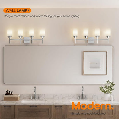4-Light Vanity Lighting Fixtures with White Frosted Glass Shade, Brushed Nickel Bathroom Wall Lamps Over Mirror for Bath Restroom Kitchen T001BR-L4