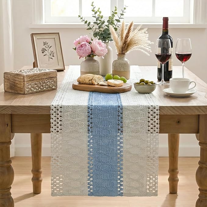 Artoid Mode Sky Blue Farmhouse Rustic Table Runner, Seasonal Holiday Hollow Kitchen Dining Table Decoration for Home Party Decor 12x72 Inch