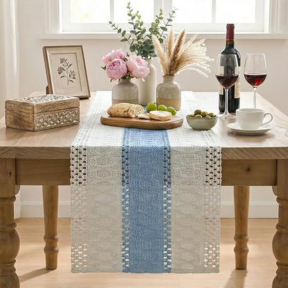 Artoid Mode Sky Blue Farmhouse Rustic Table Runner, Seasonal Holiday Hollow Kitchen Dining Table Decoration for Home Party Decor 12x72 Inch